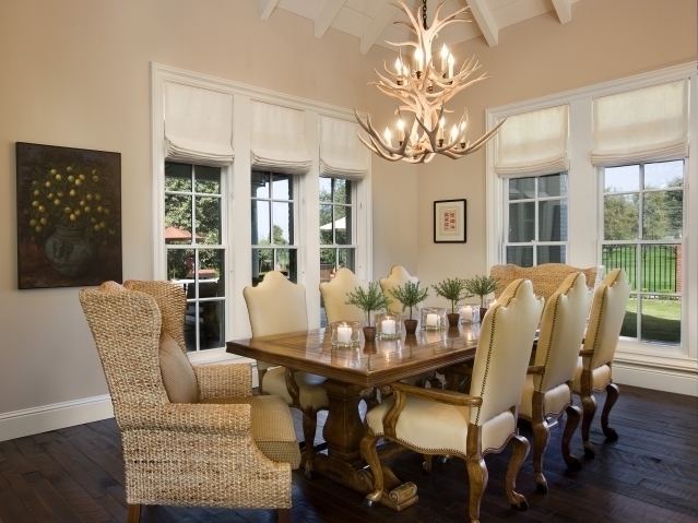 Dining Room Captain Chairs: Woven Wingback Texture and Antler Lamp