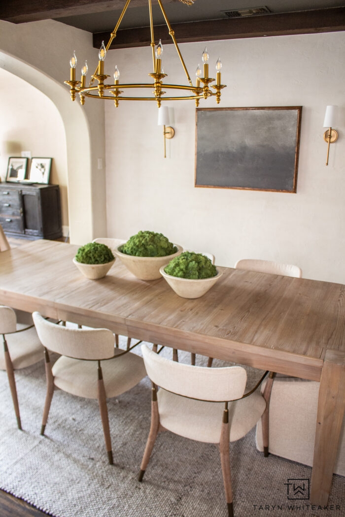 Dining Room Set Brass Wagon Wheel Chandelier Moss Ball Centerpiece