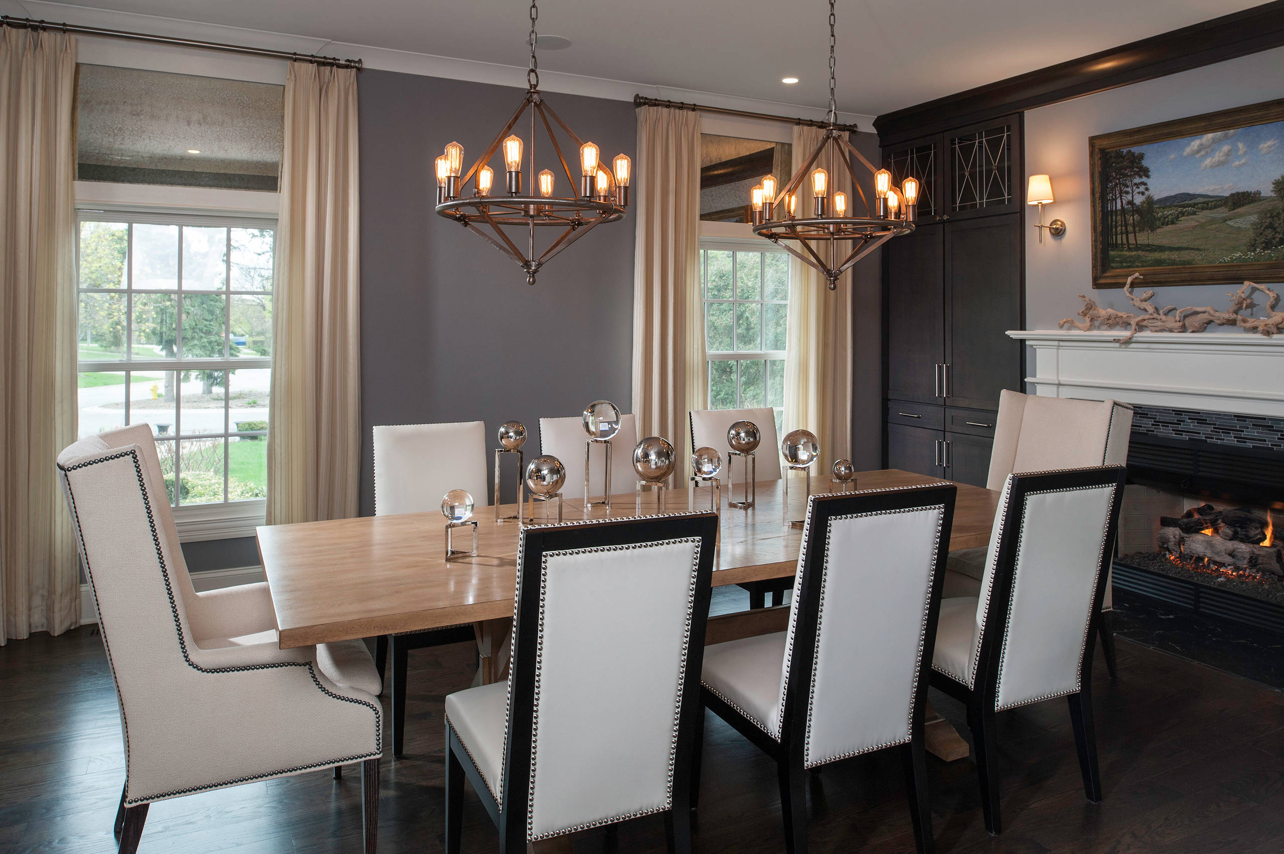 Dining Room Set: Dual Bronze Chandeliers and Captain Chairs