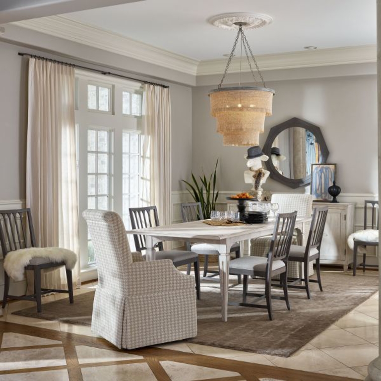 Dining Room Set: Houndstooth Captain Chairs and Beaded Chandelier