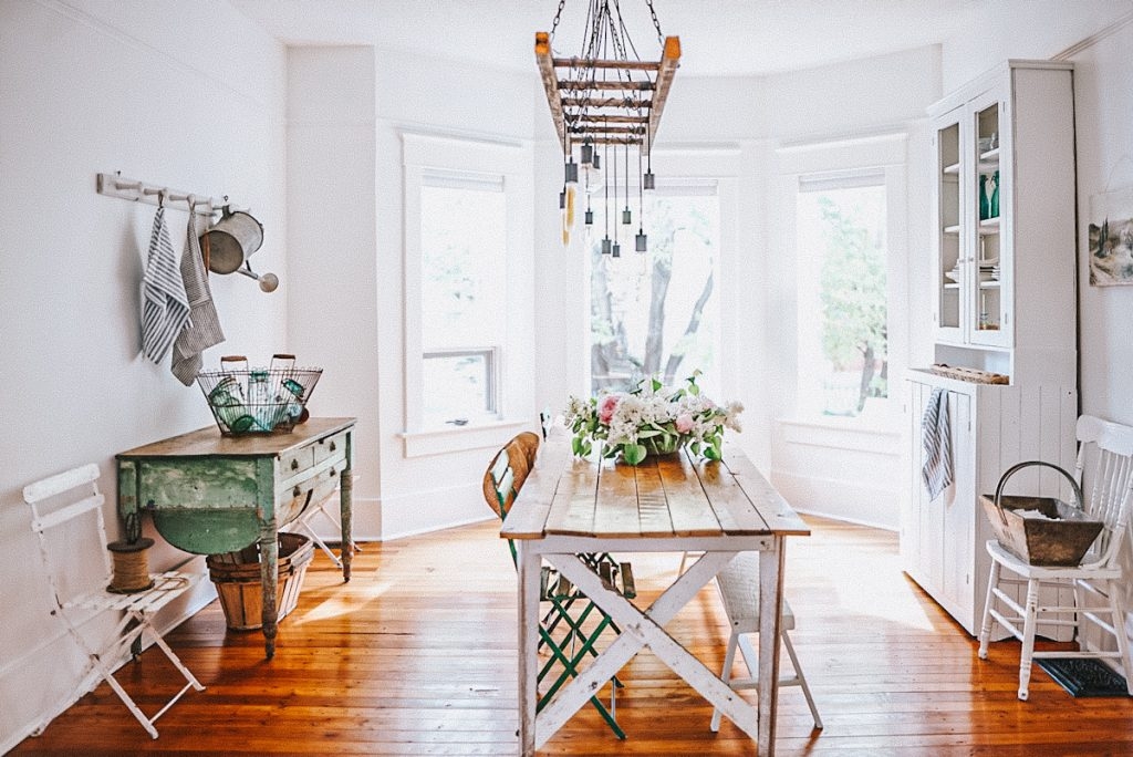 Dining Room Set ladder chandelier Scandinavian farmhouse dining room.