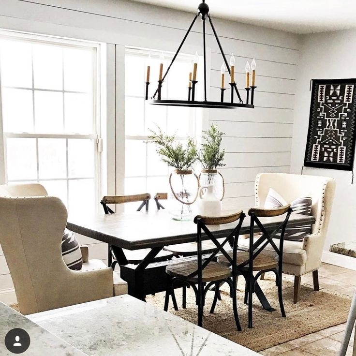 Dining Room Set: Wingback Captain Chairs and Wagon Wheel Lighting
