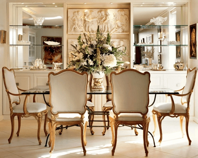 Dining Set: Antique Gold Formal Mirrored Wall Panels Design