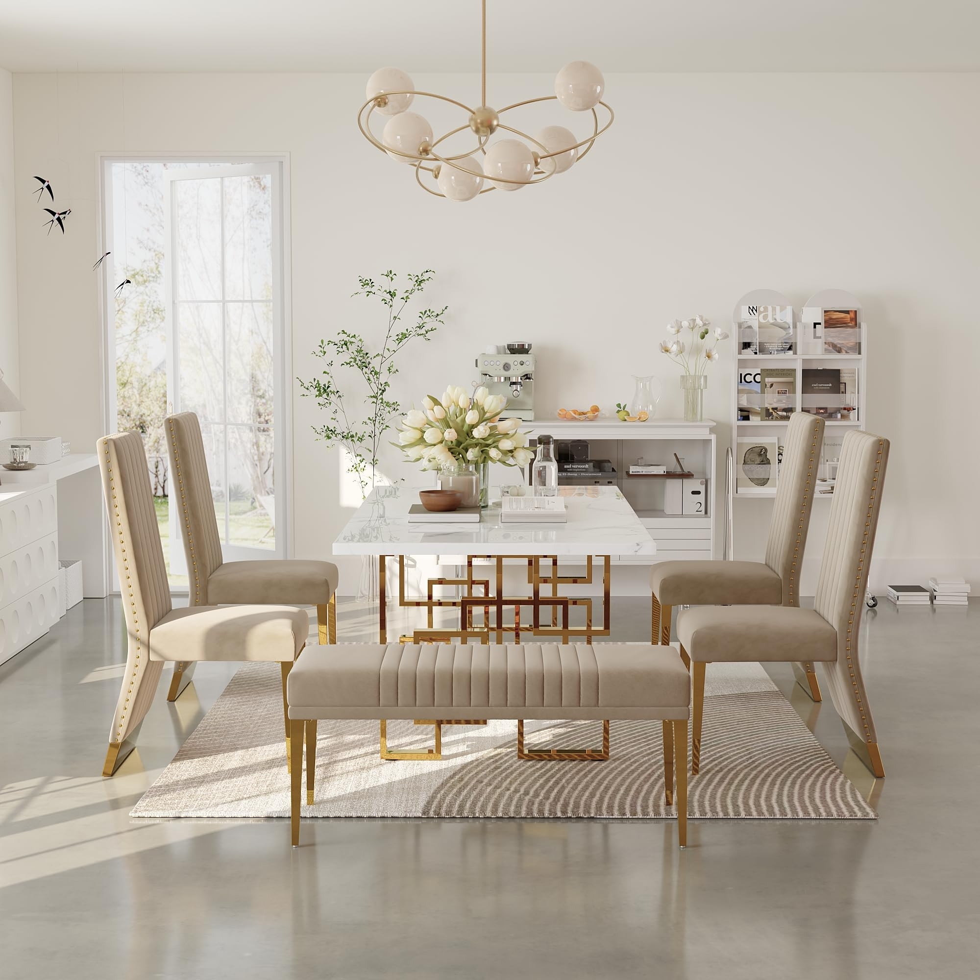 Dining Set Channeled Upholstery Bench 6 Piece Suite