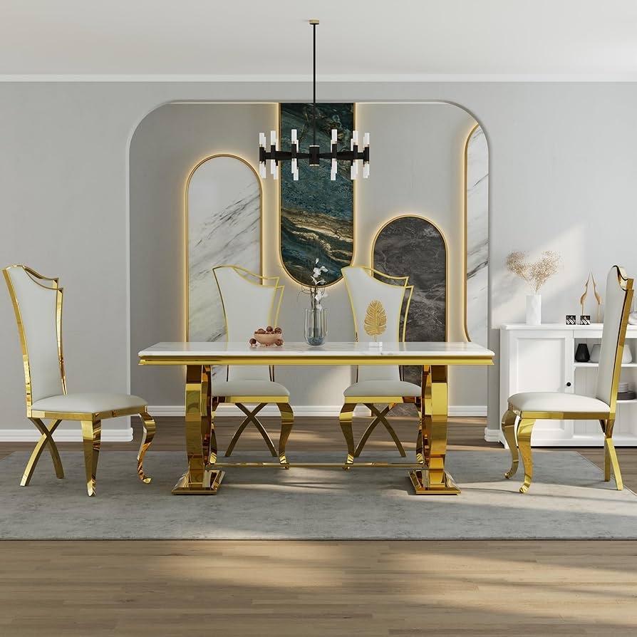 Dining Set Circular Base White Upholstered Dining Chairs