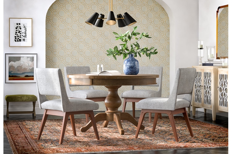 Dining Set Geometric Wallpaper Round Wood Pedestal Table Open Back Chairs