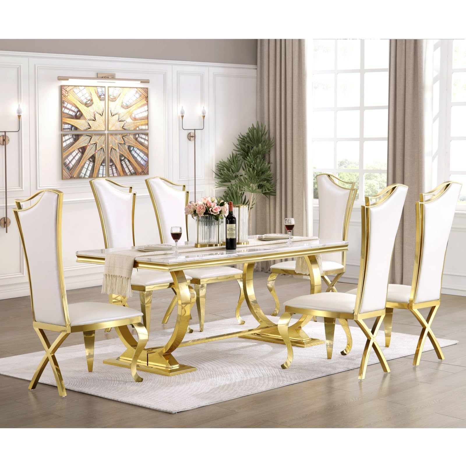 Dining Set High Back Upholstery and Luxury Gold U-Base