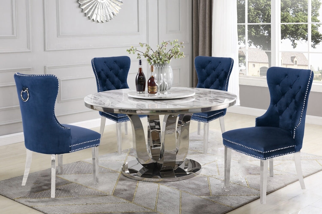 Dining Set Lazy Susan Ribbon Pedestal Base Navy Velvet Seats