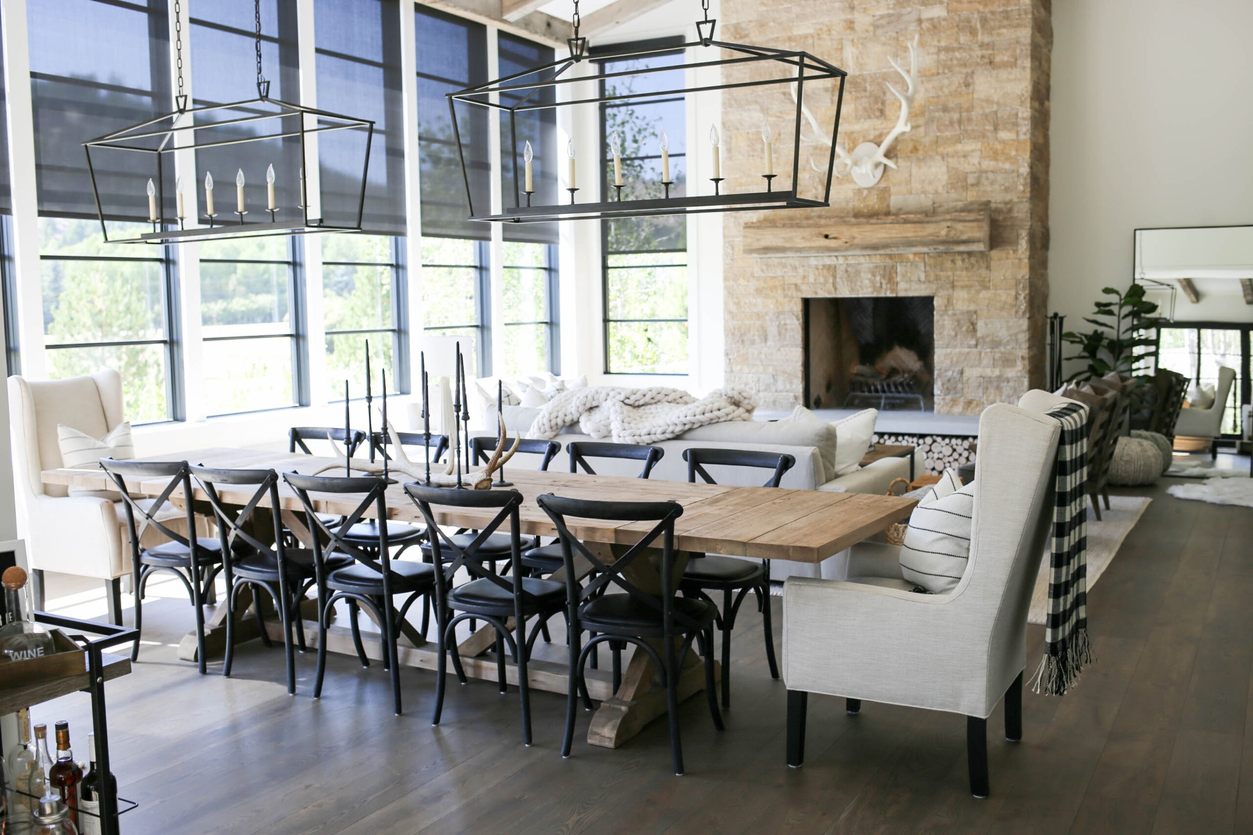 Dining Set: Linear Cage Pendants Black Cross Back Chairs