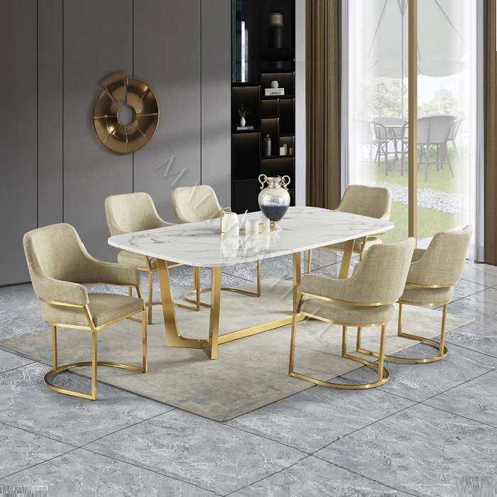 Dining Set Marbled Dining Surface and Gold Sled Base