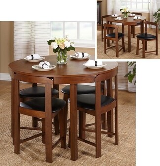 Dining Set with Compact Footprint and Round Walnut Table