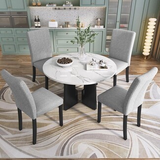 Dining Set with Marble Texture Top and Pedestal X-Base