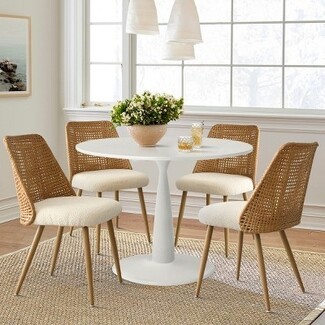 Dining Set with Rattan Boucle Chairs and Pedestal Base