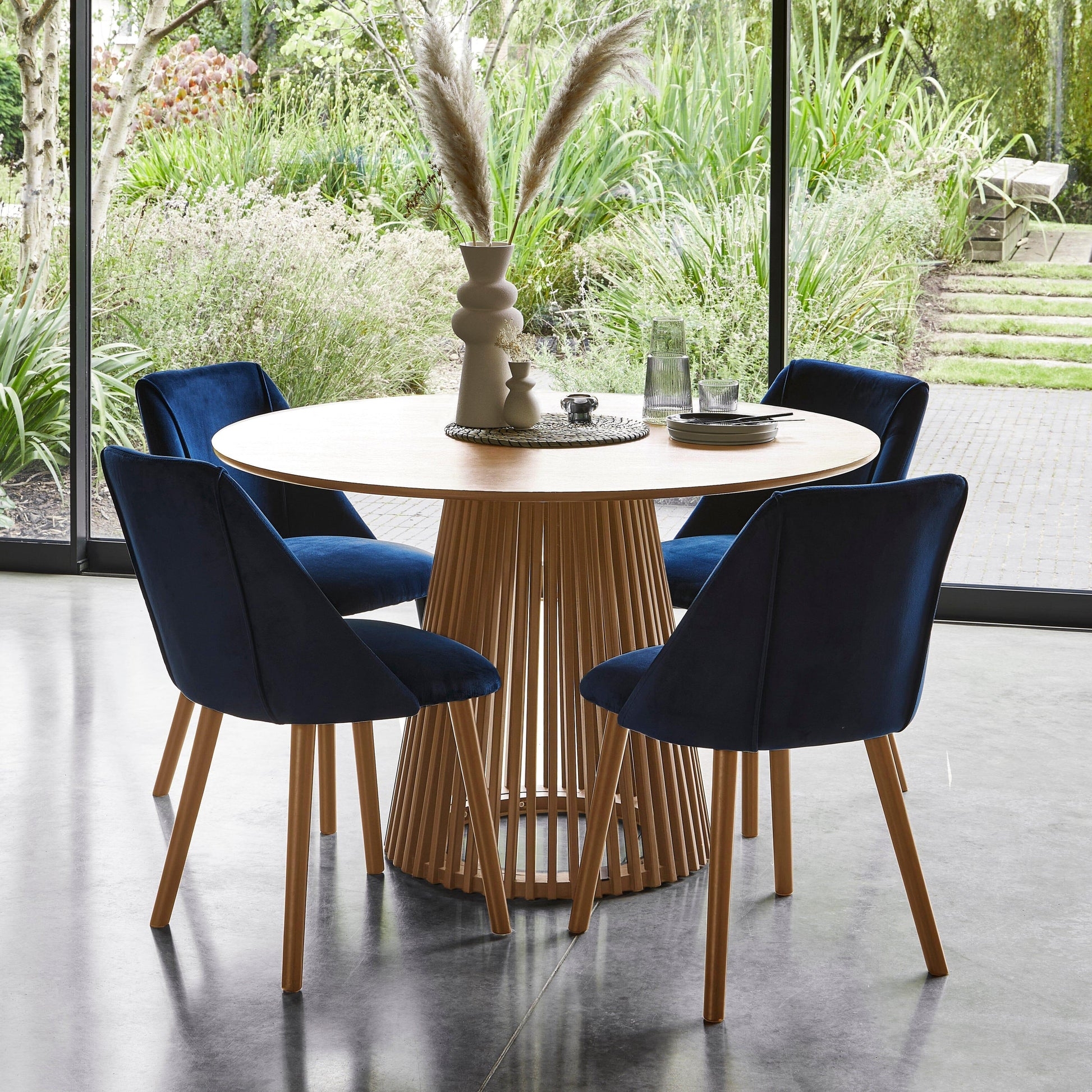 Dining Set with Slatted Pedestal Base and Navy Chairs