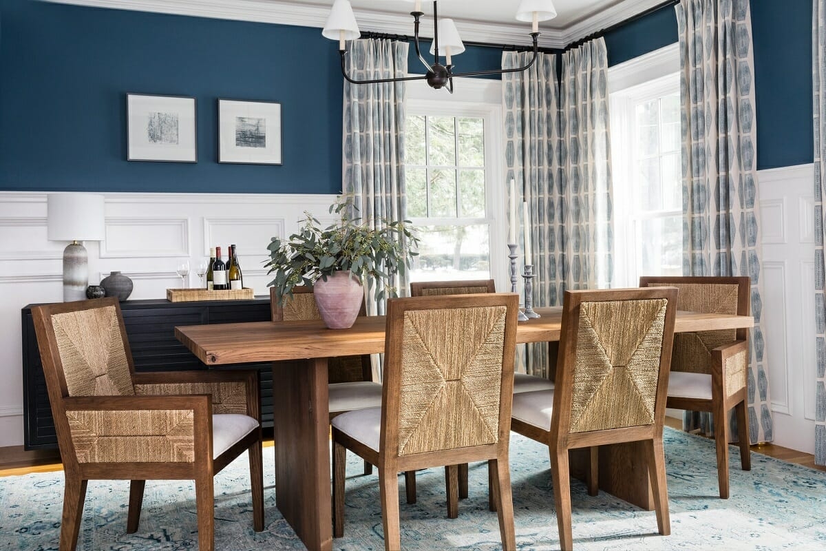 Dining Set Woven Geometric Chairs Navy Walls Transitional Dining Room Ideas