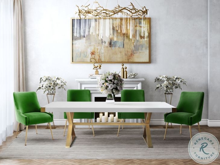 Dining Table Emerald Velvet Chairs and Trestle Base