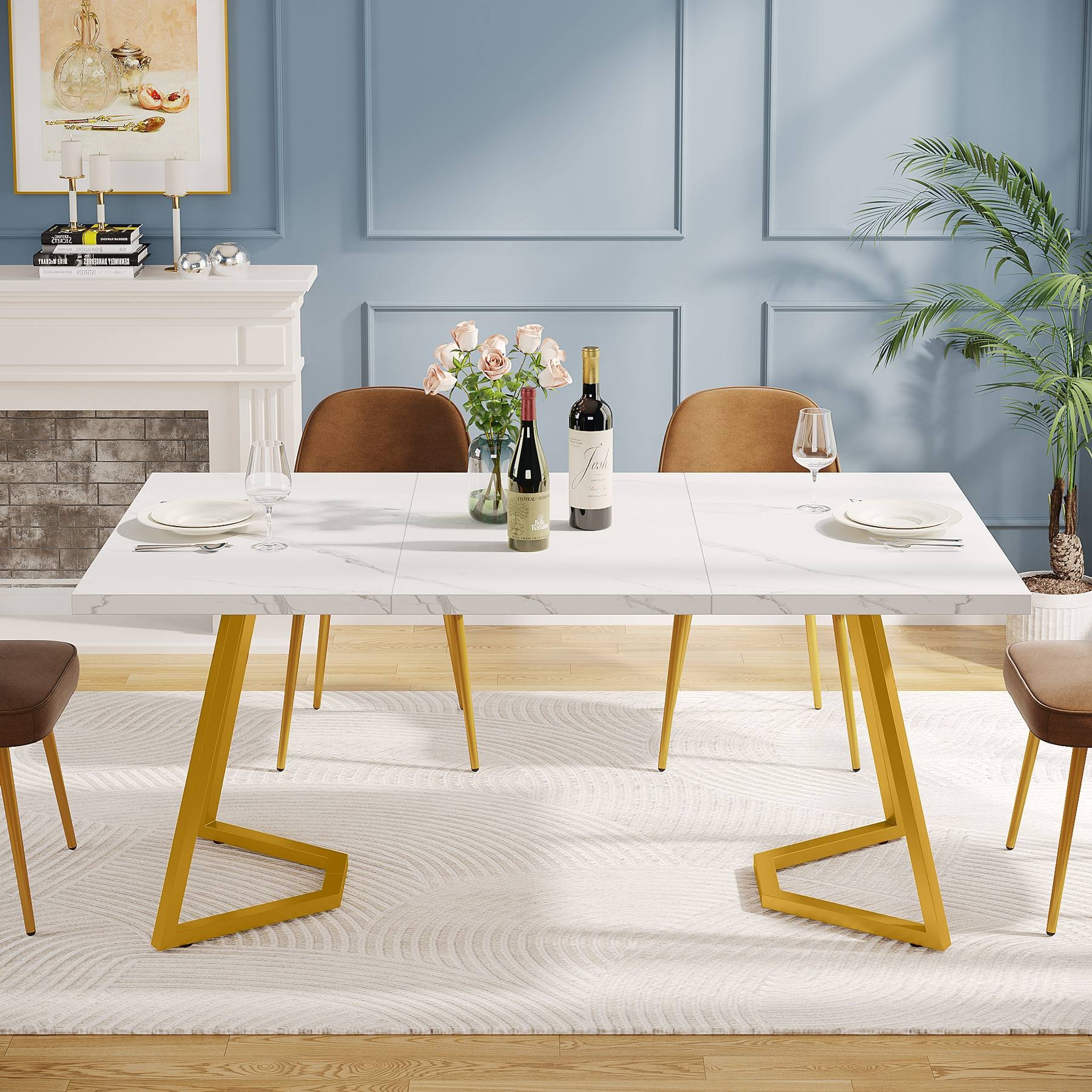 Dining Table Geometric Metallic Base and Faux Marble Top