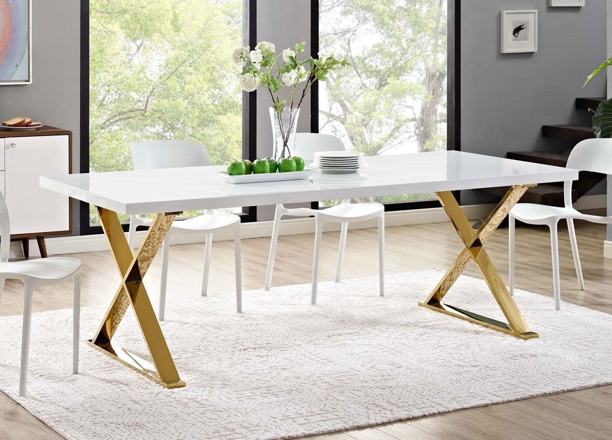 Dining Table High Gloss Top with Polished Metallic X-Base