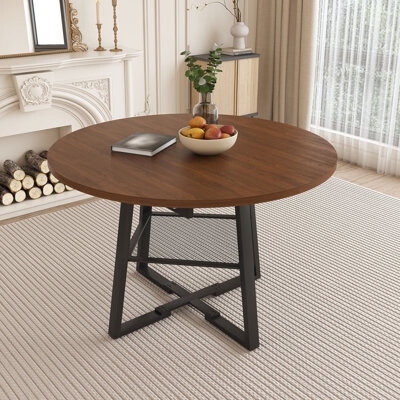 Dining Table Mesh Shelf Walnut Brown Industrial Base