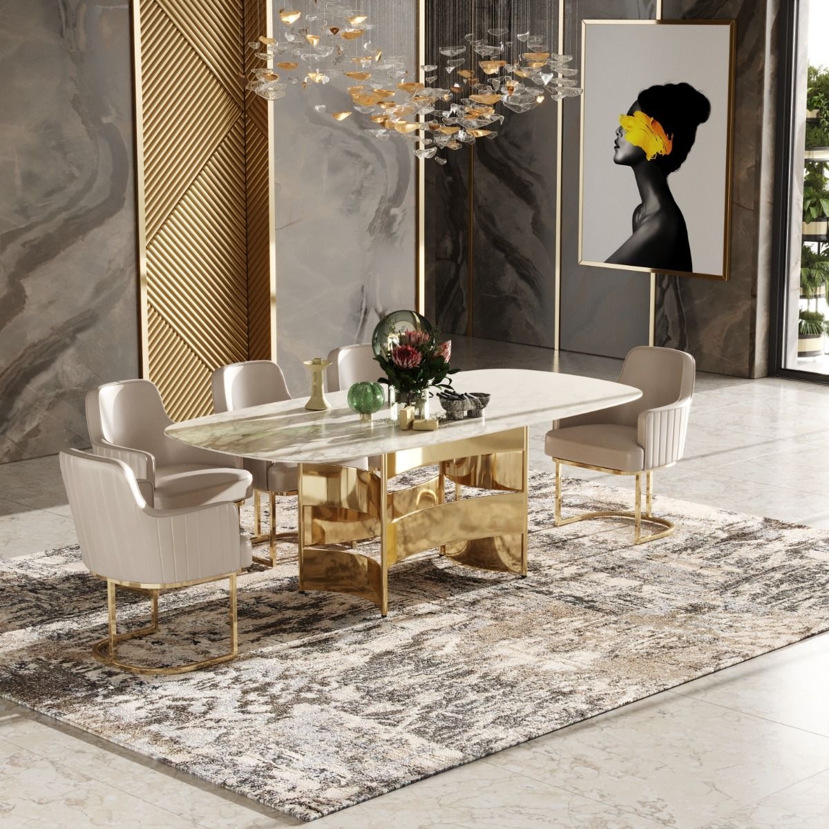 Dining Table Sculptural Gold Base Luxury Marble Top Set