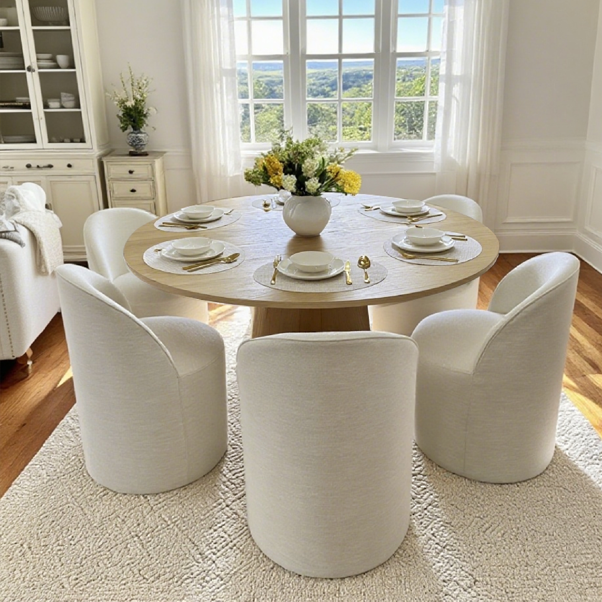 Dining Table Set featuring Barrel Back Chairs and Pedestal