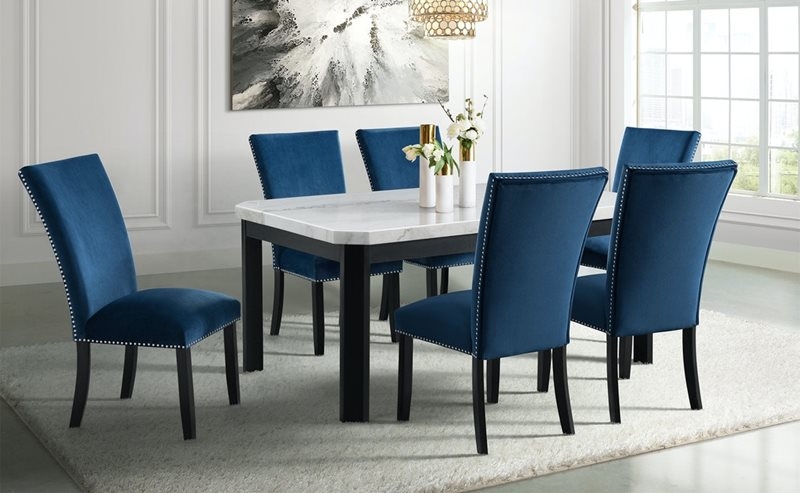 Dining Table Set Marble Top Navy Blue Velvet Nailhead Trim