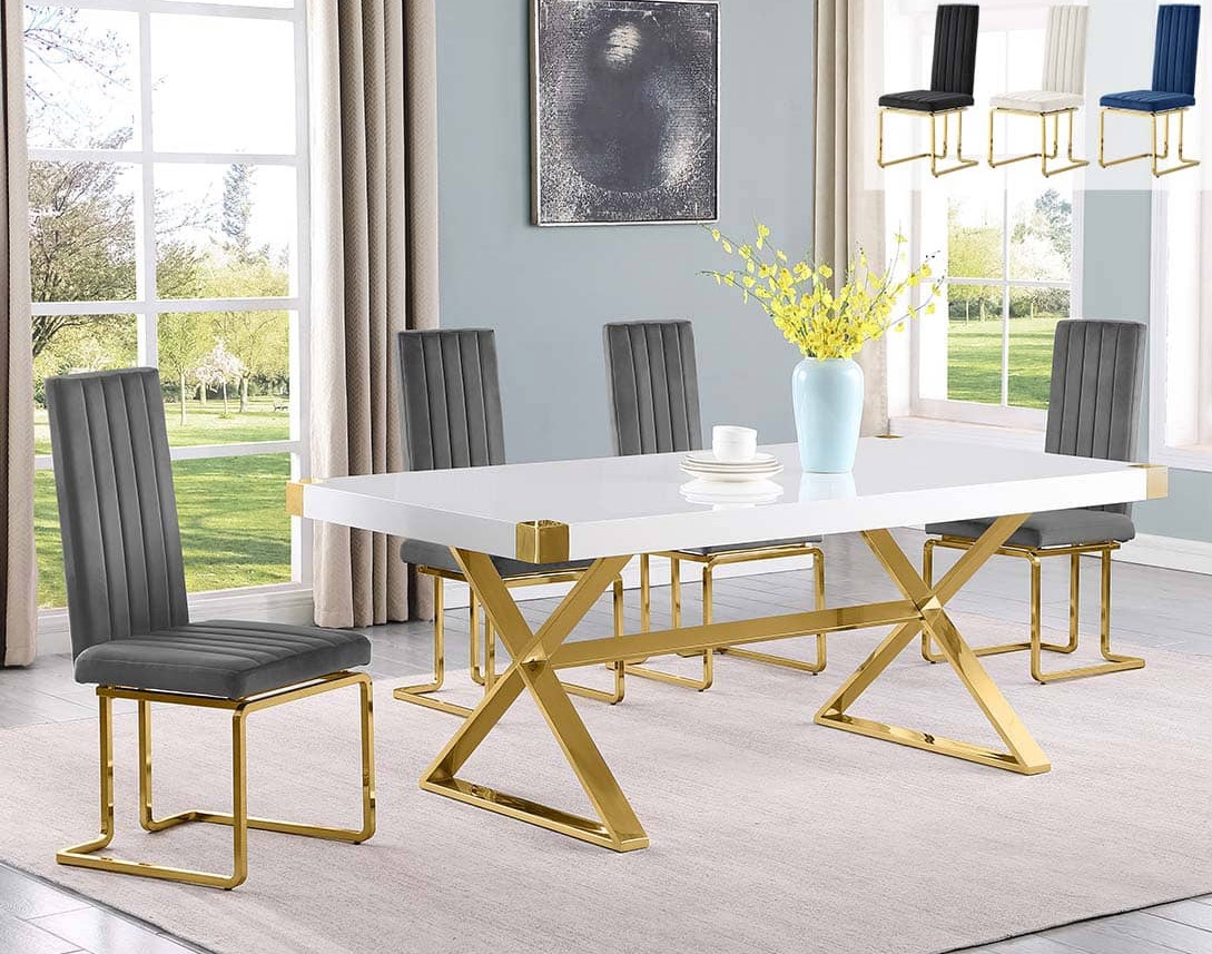 Dining Table Set Polished Corner Caps and X-Base Design