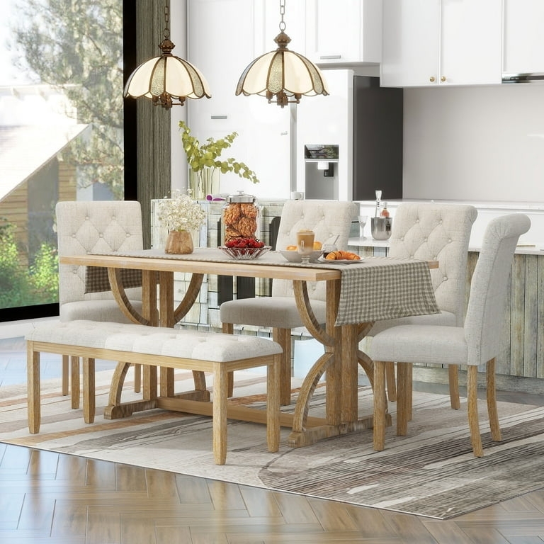 Dining Table Set: Tufted Bench Farmhouse Dining Set With Bench