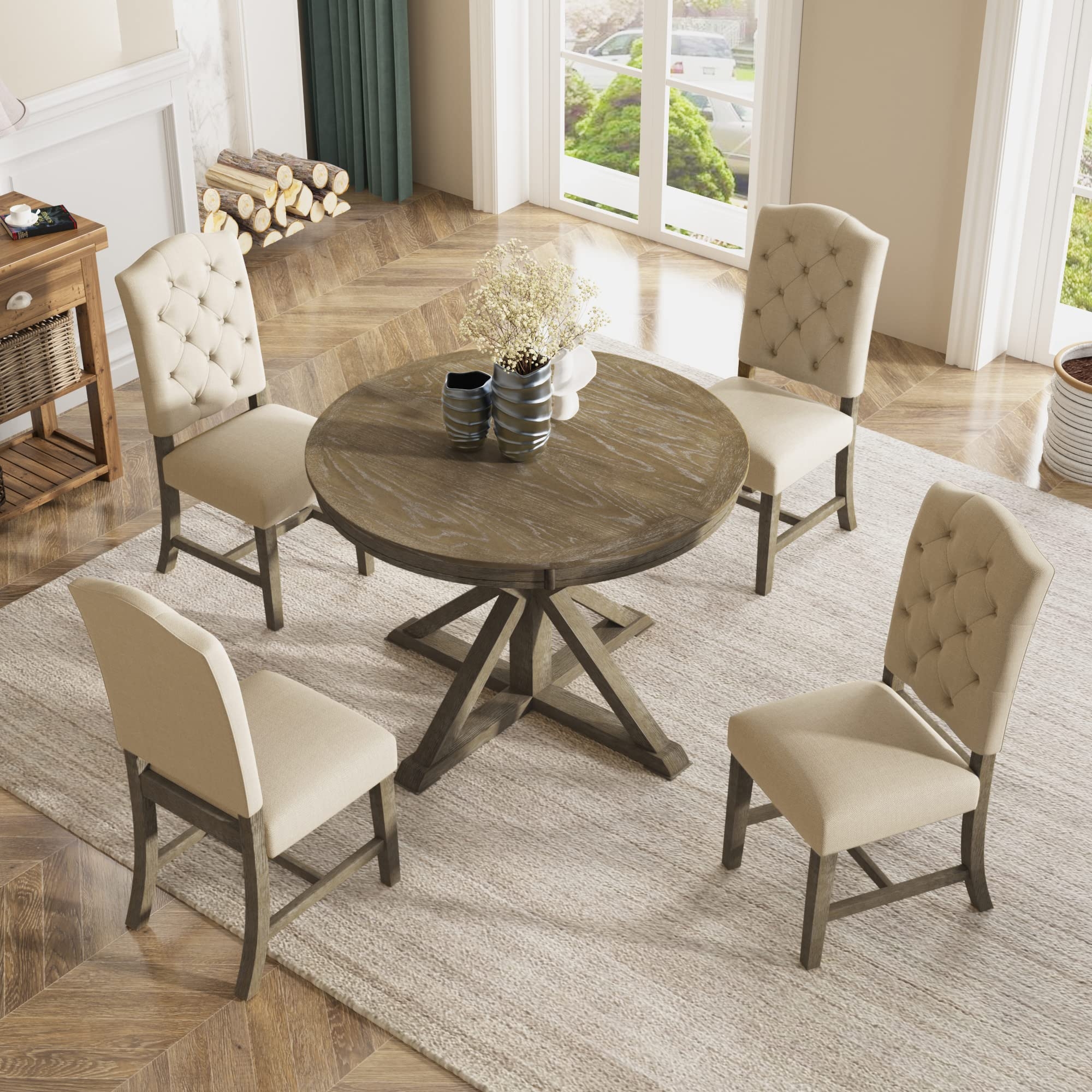 Dining Table Set with Button Tufted Back and Grey Wood