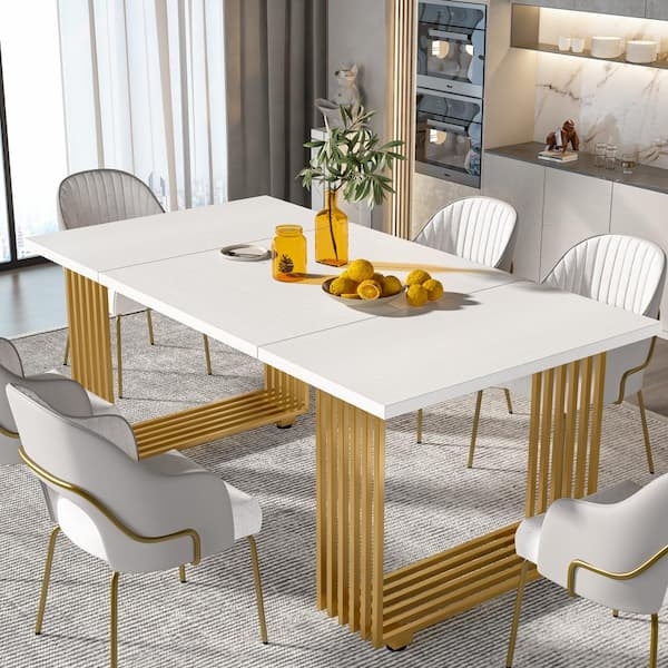 Dining Table Slatted Gold Base with 70 Inch White Top