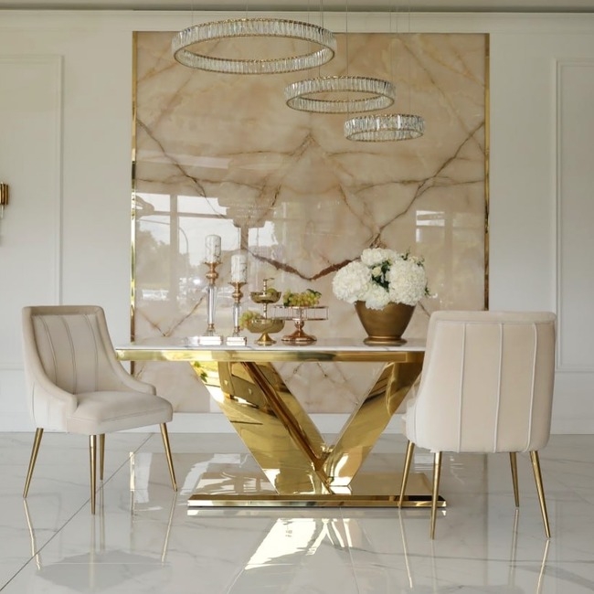Dining Table V-Shaped Pedestal and Polished Metallic Frame