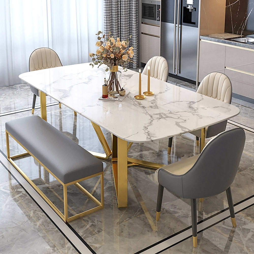 Dining Table White Marble Top and Channel Tufted Chairs