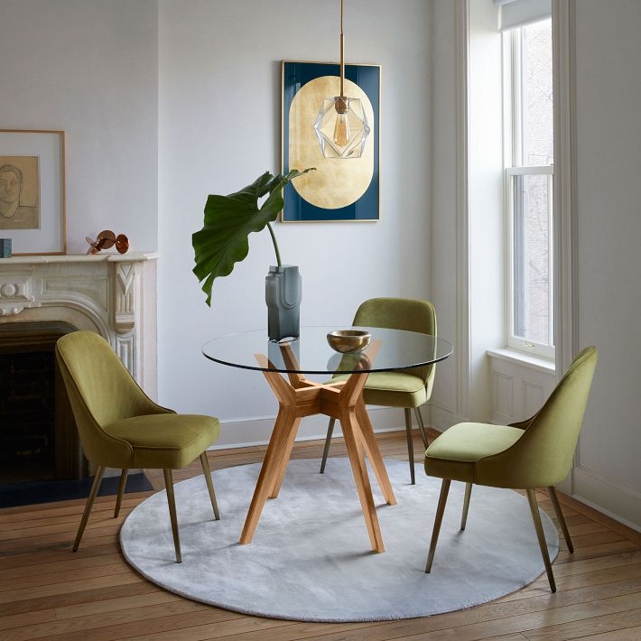 Dining Table with Angled Wooden Base and Round Glass