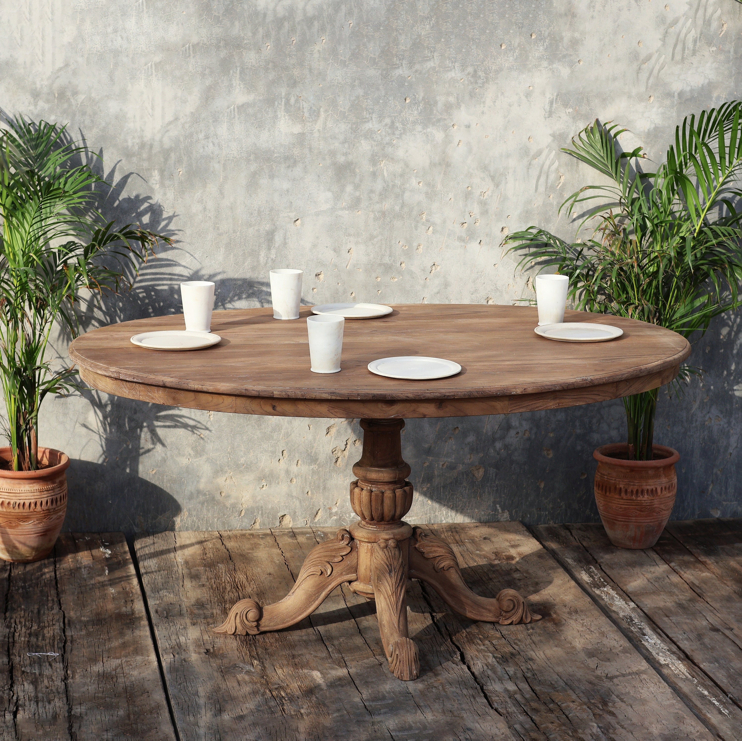 Dining Table with Ornate Pedestal Base and Weathered Finish
