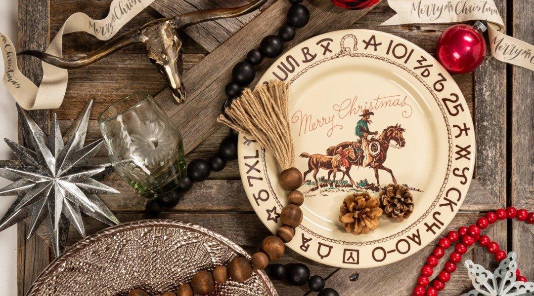Dinner Plate with Cattle Brand Rim and Cowboy Illustration