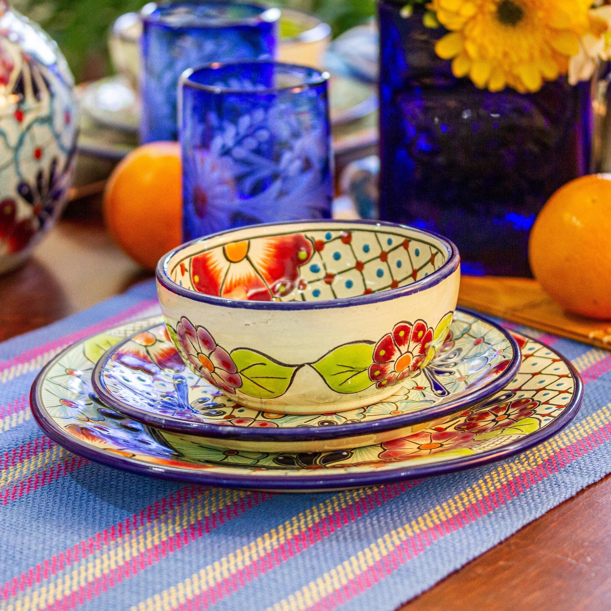 Dinnerware Set: Geometric Detail Colorful Mexican Tableware