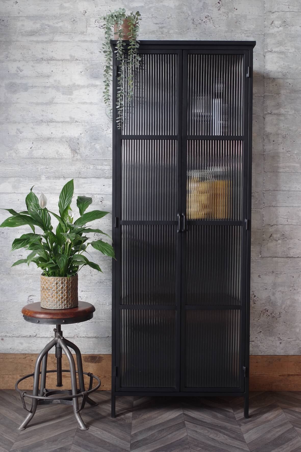Display Cabinet in Matt Black with Industrial Shelving