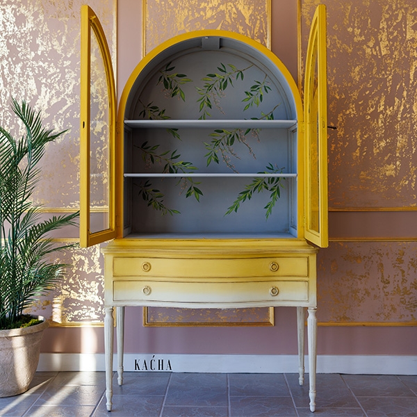 Display Cabinet with Botanical Mural: Yellow ombre arched cabinet