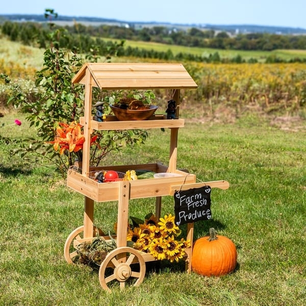 Display Cart with Gabled Roof and Rustic Wooden Flower Cart