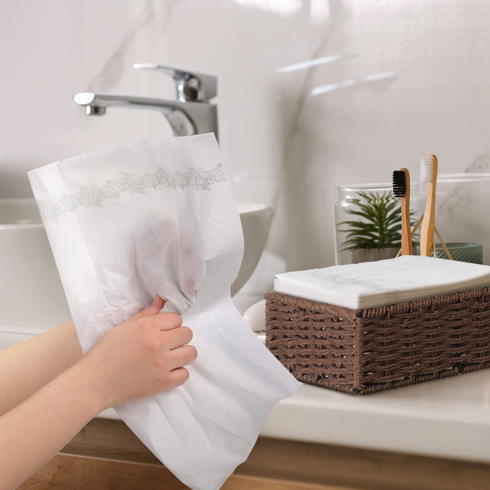 Disposable Hand Towels with Silver Lace Pattern Border Hand Towels