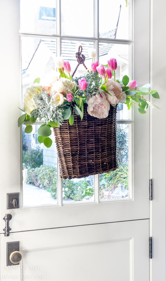 Door Basket for White Dutch Door With Spring Floral Pink Flowers