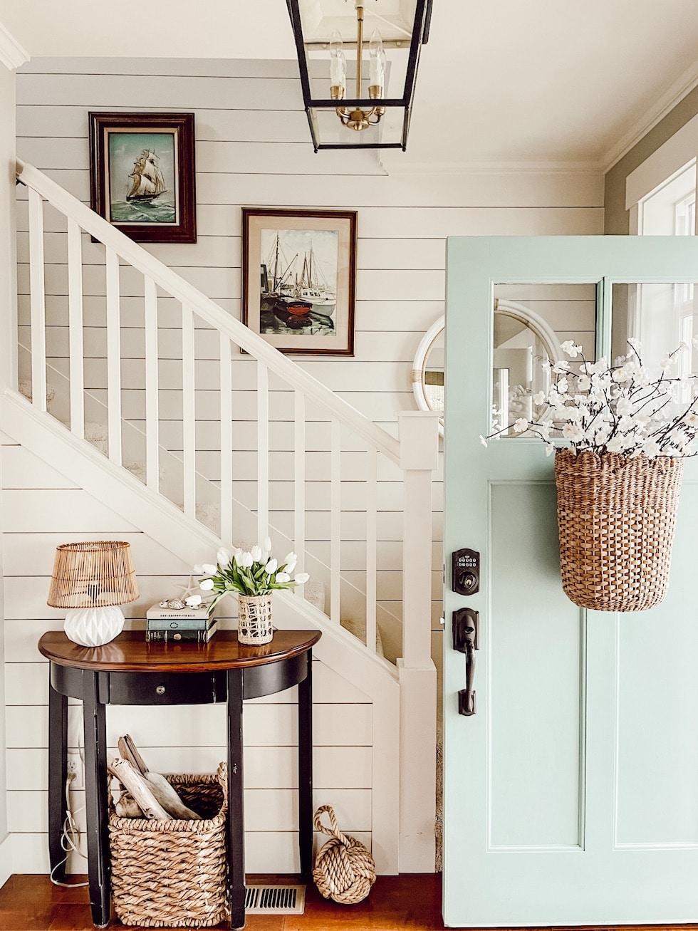 Door Basket on Light Blue Door With Shiplap Staircase Wall Art