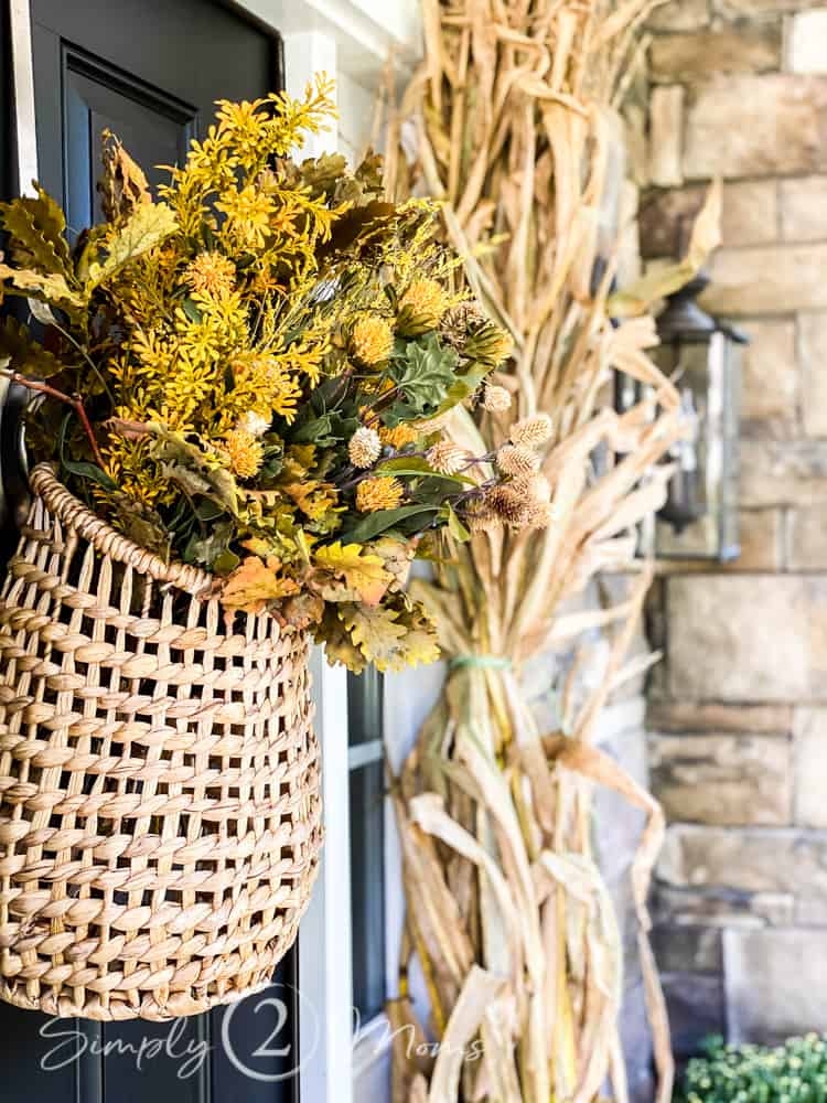 Door Basket with Dried Corn Stalks for Fall Front Porch Decor