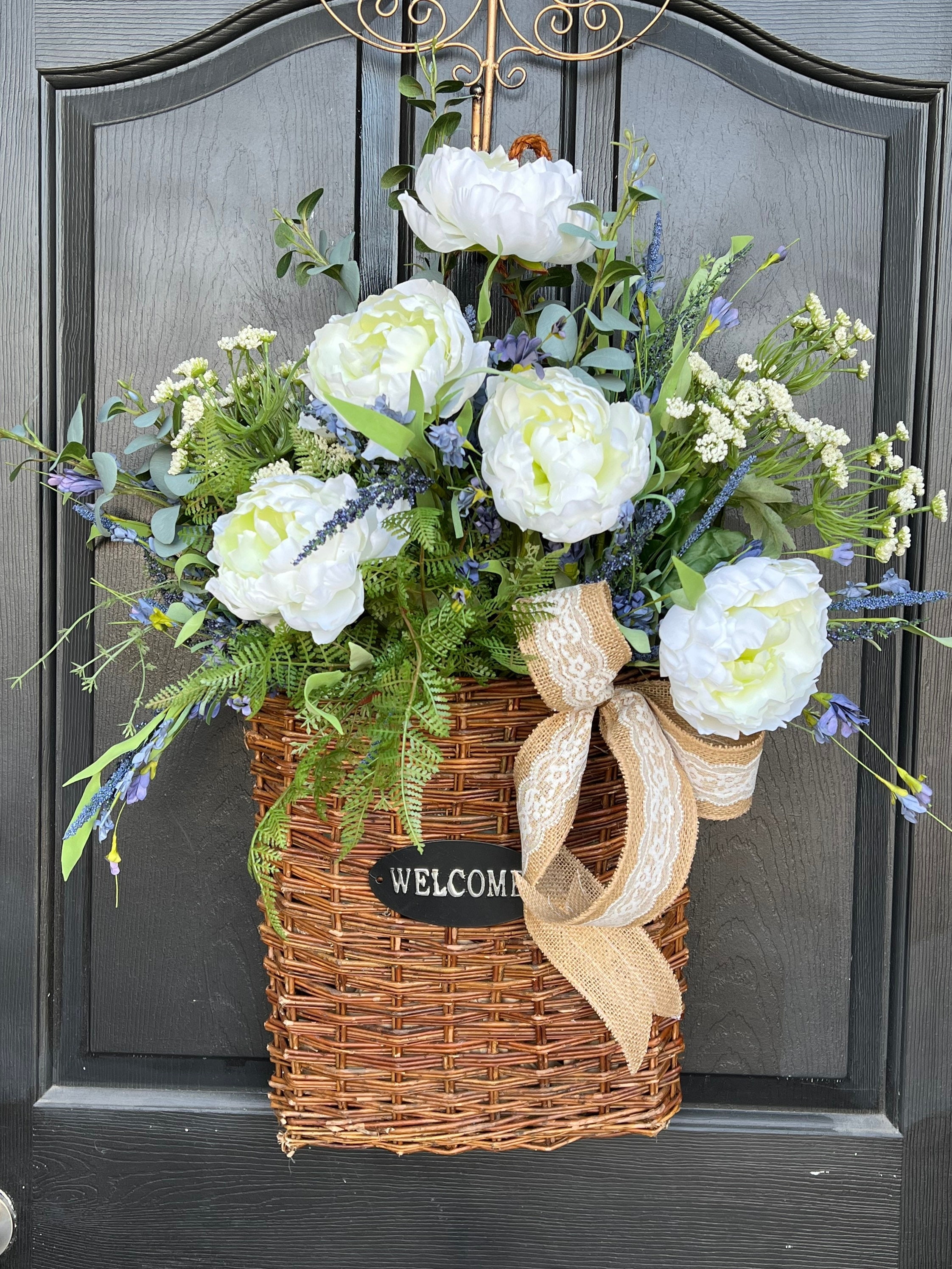 Door Basket with Lace Trimmed Bow and Wicker Rattan Welcome Decor