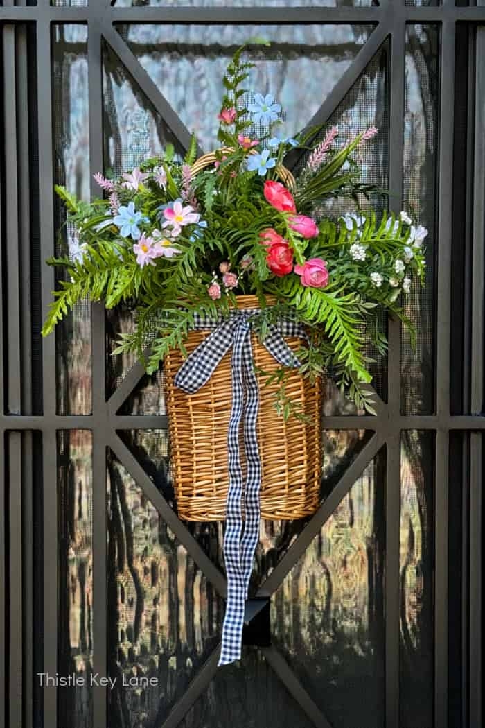 Door Basket with Mixed Spring Blooms and Gingham Ribbon Decor