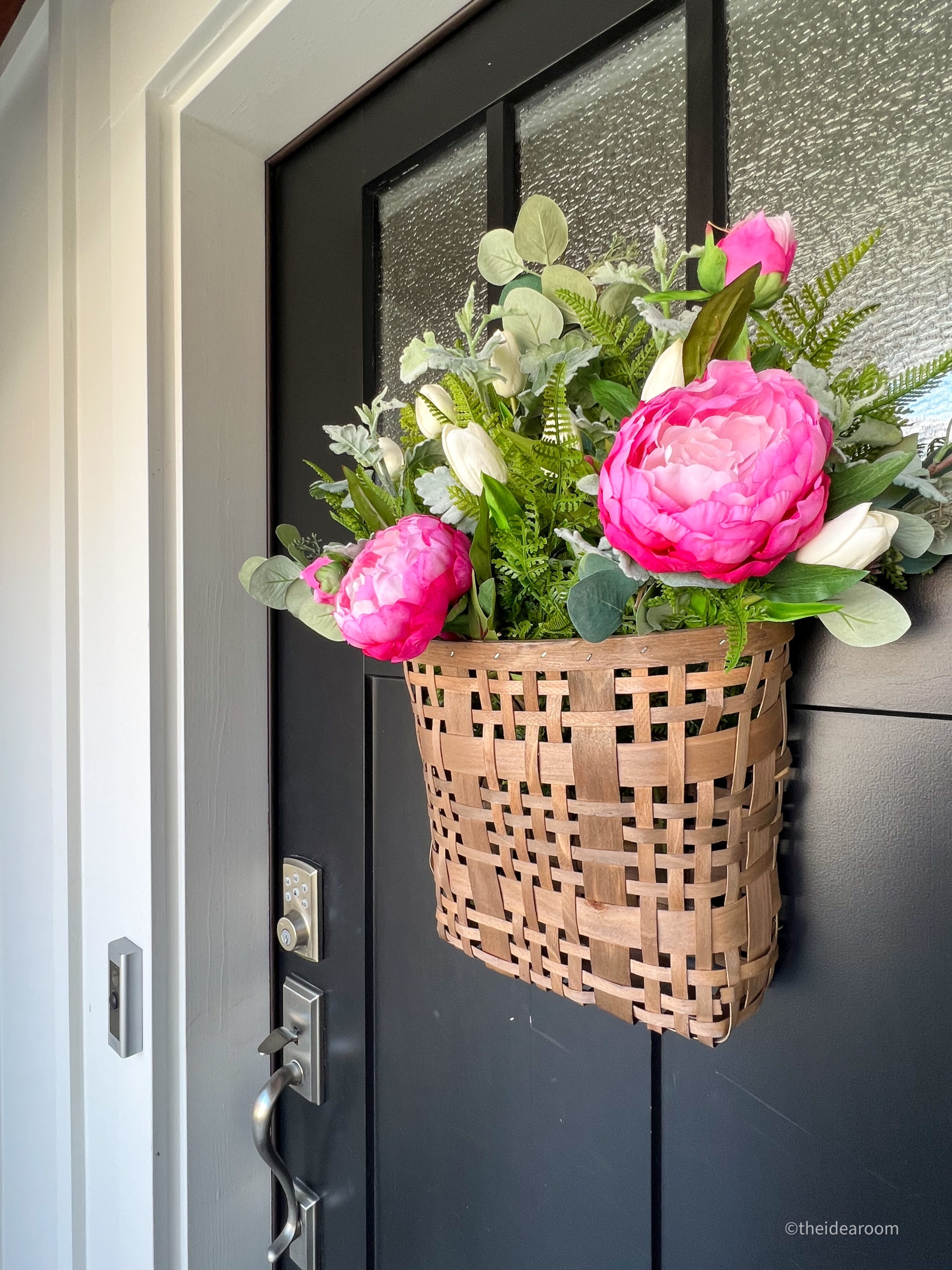 Door Basket with Vibrant Pink Peonies for Black Door Floral Hanger