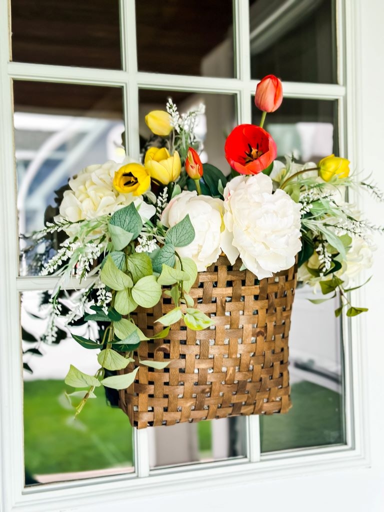 Door Basket With Wood Toned Tulip Arrangement for Spring Decor