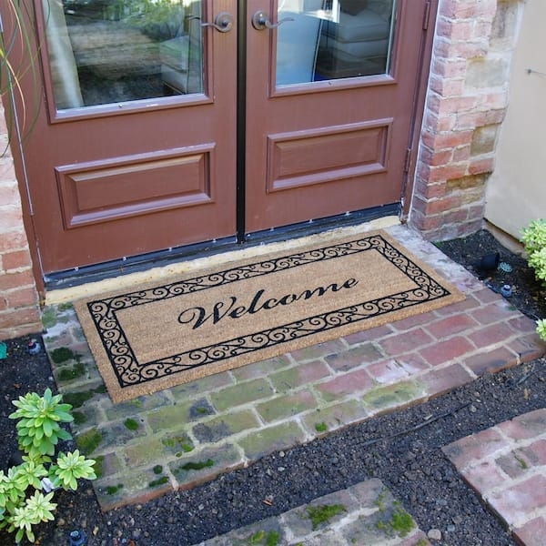 Door Mat: Welcome Text Double Width Traditional Front Door Decor