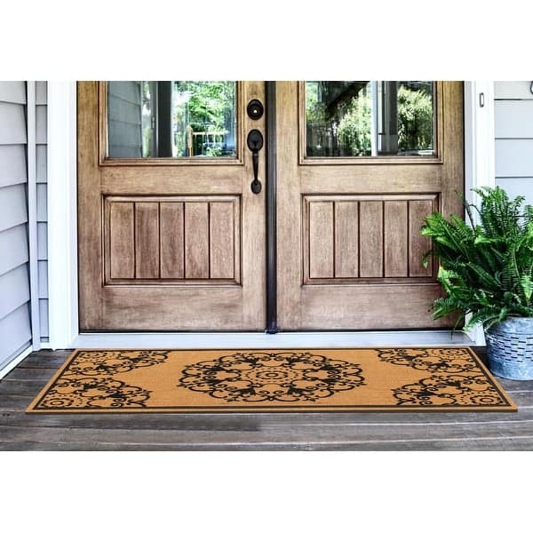 Doormat: Mandala Pattern Extra Wide Black Flocked Scrollwork Mat