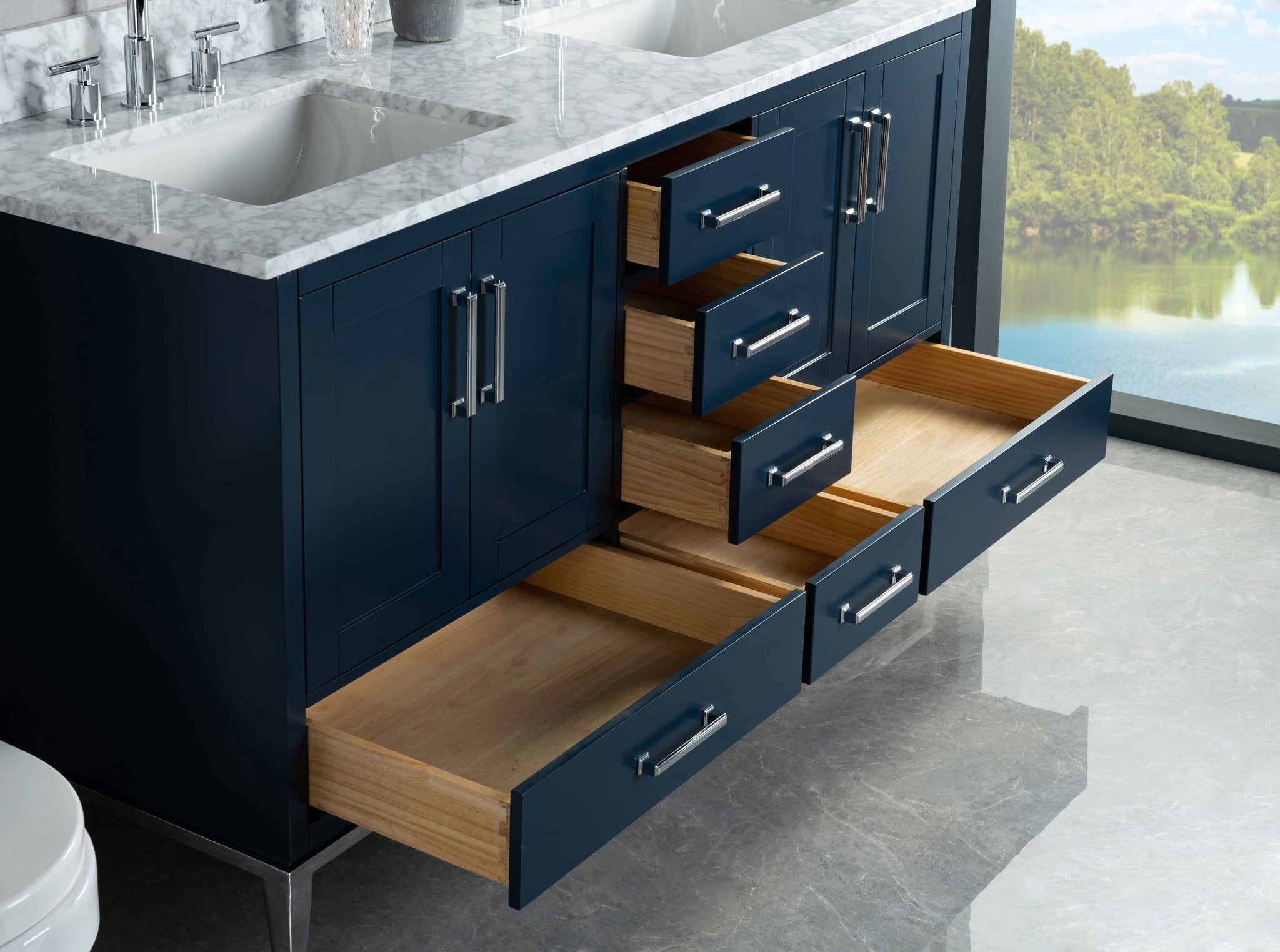 Double Bathroom Vanity Dark Blue Dovetail Drawers